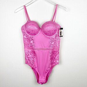 FRENCH AFFAIR | Hot Pink Lace Push Up Bodysuit Large